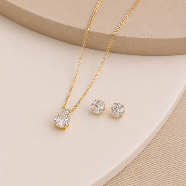 CONJUNTO FLORA PONTO DE LUZ CRISTAL BANHADO A OURO 18K
