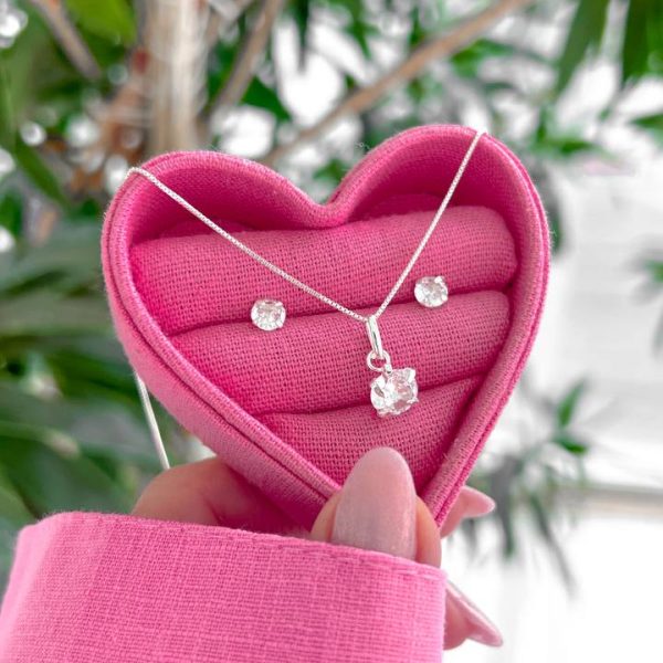 CONJUNTO GUIA COLAR VENEZIANA 45CM COM PINGENTE CRISTAL 7MM E BRINCO CRISTAL 5MM PRATA 925