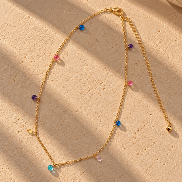 Choker Laços – Versão Kids Pedrinhas Coloridas – Banhada a Ouro 18K